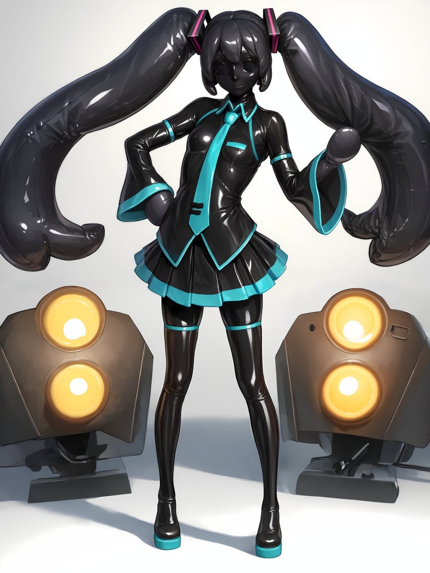 all_black animegao black_body black_bodysuit emotionless fake_pigtails full_body full_body_suit fully_clothed hatsune_miku hatsune_miku_(cosplay) hydroxyquinol inflatable kigurumi mitten_gloves mitten_hands mittens mitts twintails vocaloid