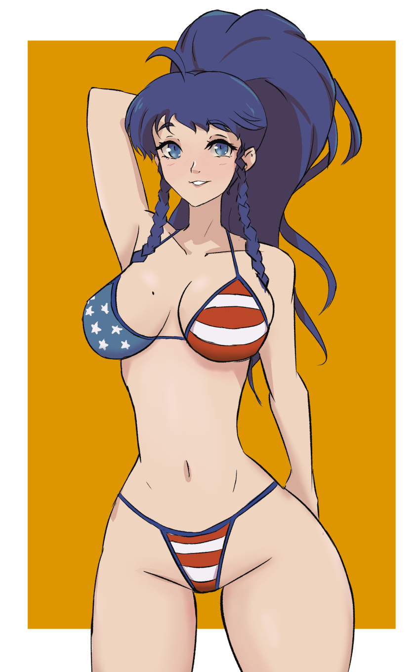 1girls alternate_costume american_flag_bikini arm_behind_head bare_arms bare_midriff bare_thighs beauty_mark bikini braid breasts female female_only fire_emblem fire_emblem:_the_sacred_stones in2naps long_hair medium_breasts midriff mole mole_on_breast nintendo ponytail smile solo swimsuit tana_(fire_emblem) thighs twin_braids yellow_background