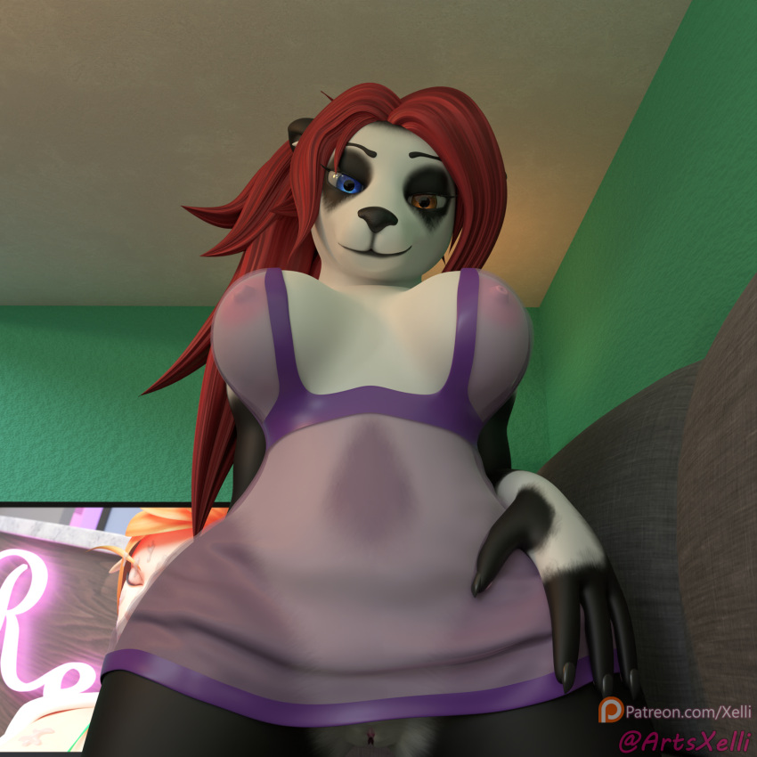 1:1 3d_(artwork) anthro ass bear bedroom_eyes big_breasts big_butt blizzard_entertainment breasts clothed clothed_anthro clothed_female clothing curvy_anthro curvy_figure digital_media_(artwork) female genitals giant_panda hair heterochromia hi_res lingerie looking_at_viewer mammal narrowed_eyes nipples pandaren partially_clothed pussy red_hair seductive solo text thick_thighs url warcraft wide_hips xelli