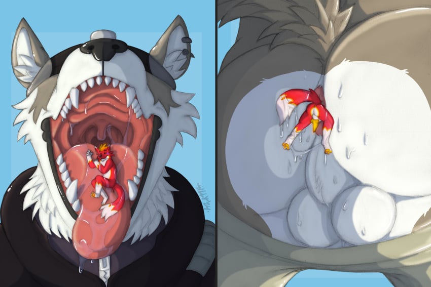 anal anal_vore anthro anus ass balls big_butt bodily_fluids bottomwear bottomwear_down canid canine canis close-up clothed clothing duo epic_games fortnite fox fur fyre_(fyrefirefox) genitals head_first headgear headwear hi_res knot male male/male male_pred male_prey mammal micro mouth_shot multicolored_body nude open_mouth oral_vore pants pants_down partially_clothed partially_inside raised_tail rear_view saliva saliva_string sillywerwolf simple_background size_difference sweat sweatdrop sweaty_balls sweaty_butt sweaty_genitalia tail teeth tongue vore wendell_(fortnite) willing_prey wolf