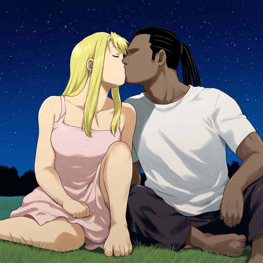 1boy 1girls abasta ai_generated barefoot blonde_hair blue_eyes closed_eyes dark dark-skinned_male dark_skin dress feet fullmetal_alchemist interracial kissing light-skinned_female night outdoors romantic sitting smiling smug stars winry_rockbell