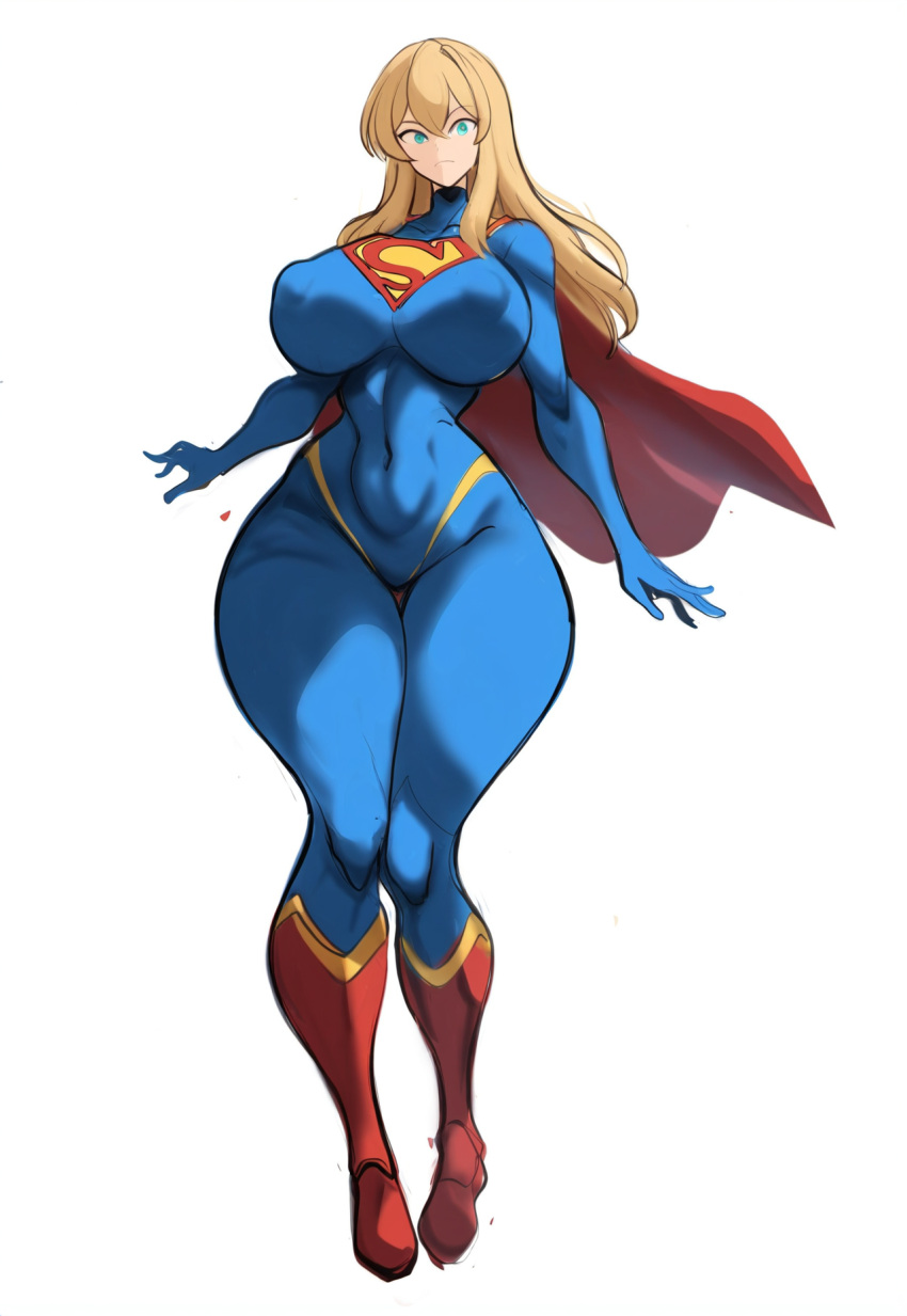 ai_generated alien alien_girl alternate_costume big_breasts blonde_hair bodysuit curvaceous curvy dc dc_comics female female_focus full_body kryptonian mullon novelai simple_background solo supergirl supergirl_(series) superheroine superman_(series) wide_hips