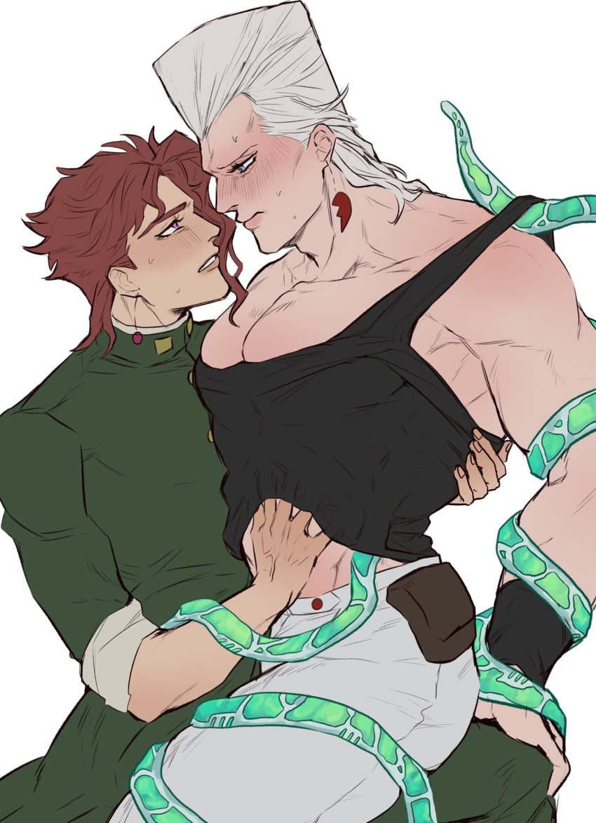 2boys blush clothed earrings gay green_tentacles hand_on_back hand_on_pecs hierophant_green jean_pierre_polnareff jojo's_bizarre_adventure muscular_male noriaki_kakyoin pecs red_hair silver_hair sitting_on_lap stand_(jjba) stardust_crusaders sweatdrop tentacle なん