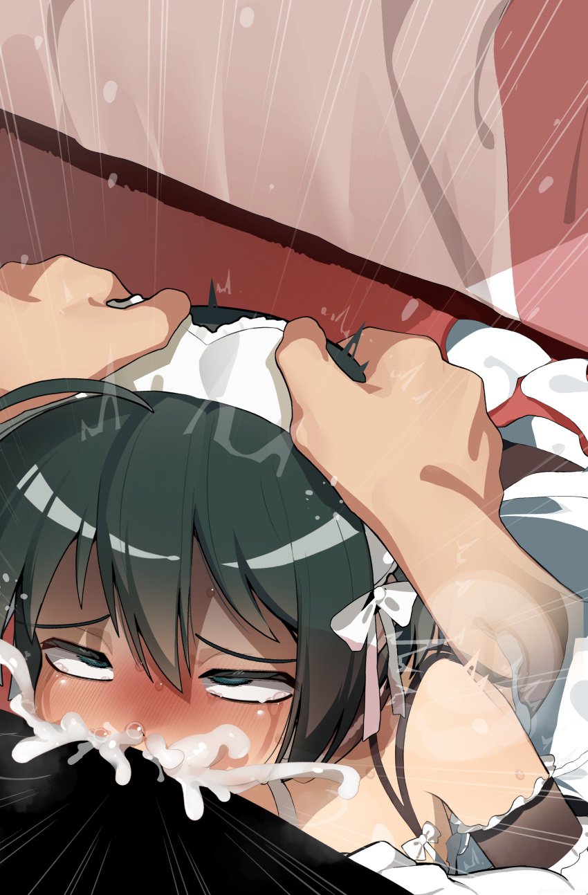 1boy 1girls absurdres ahe_gao bar_censor black_eyes black_hair censored cum cum_in_mouth cum_overflow deepthroat elbow_gloves fellatio female gloves hands_on_another's_head highres irrumatio kore_ga_watashi_no_goshujin-sama maid maid_headdress mizumizuni oral penis sawatari_izumi short_hair solo_focus straight white_gloves