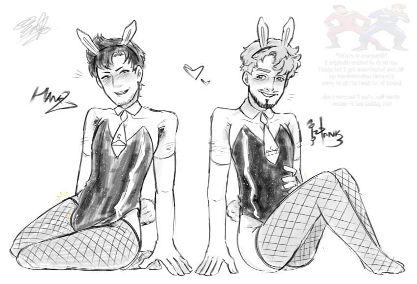 2boys 2male arm_hair armpit_hair black_hair blush bulge bulge_through_clothing bunny_boy bunny_ears bunny_tail bunnysuit date_everything facial_hair fishnet_stockings fishnets grayscale hank_2_(date_everything) hank_3_(date_everything) happy_expression heart male_only self_upload shiny_clothes signature sketch tagme tie uncolored