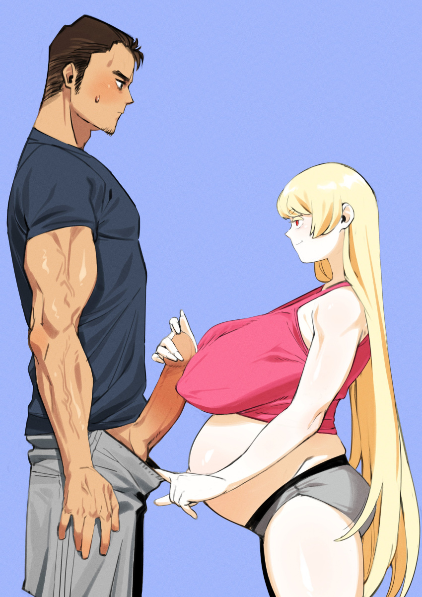 1boy 1girls belly big_belly big_breasts blonde_hair breasts erection female gigantic_breasts handjob huge_breasts huge_cock kyattorosu male nipple_bulge penis pregnant