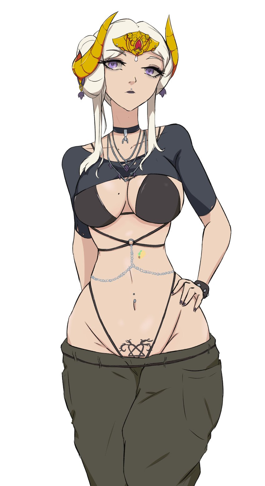 alternate_costume bare_midriff bare_shoulders beauty_mark black_bra black_nails black_panties bra breasts choker collarbone contemporary edelgard_von_hresvelg fire_emblem fire_emblem:_three_houses goth horns in2naps medium_breasts midriff mole mole_on_breast nail_polish navel_piercing nintendo panties pants piercing pubic_tattoo purple_eyes short_hair short_sleeves shoulders stomach_tattoo tattoo thong_straps underwear white_background white_hair wide_hips