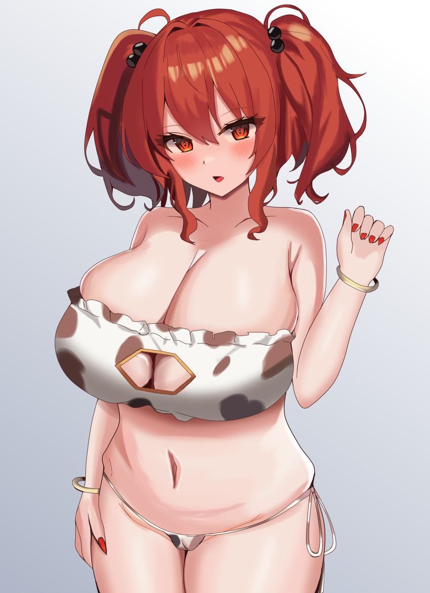 absurdres animal_print bikini blush bracelet breasts cleavage cleavage_cutout clothing_cutout commentary cow_print cow_print_bikini female fingernails gradient_background grey_background hair_bobbles hair_ornament highres huge_breasts jewelry komachi_onozuka long_fingernails looking_at_viewer mature_female milf navel ody_kishi onozuka_komachi print_bikini red_eyes red_hair red_nails solo swimsuit touhou two_side_up