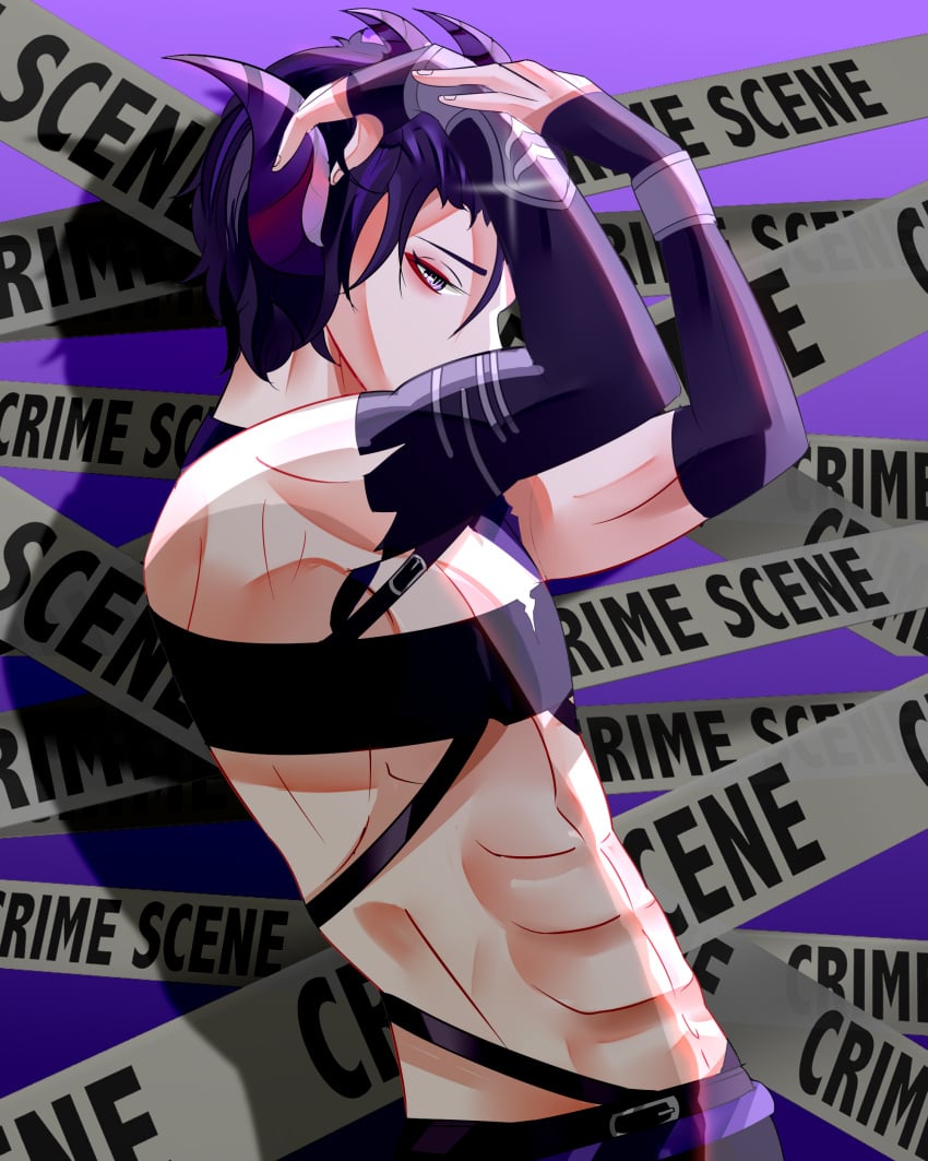 abs bl black_hair black_jeans crop_top demon demon_horns demon_humanoid demon_lord gay heterochromia leather leather_strap male male_only muscular muscular_male pale_skin pose purple_eyes purple_hair red_eyes seductive seductive_look seductive_pose shinichi_kai shinichi_kai_(vtuber) twitch twitch_streamer twunk virtual_streamer virtual_youtuber vtuber yaoi