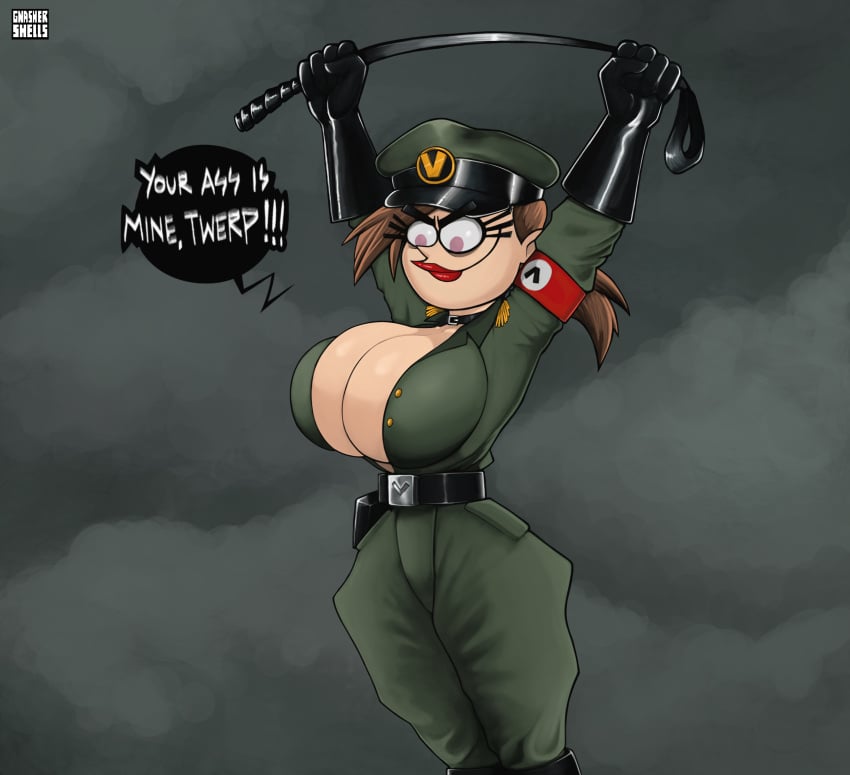 armband baggy_clothing belt belt_buckle big_breasts busty cap cleavage dictator english_text gloves gnashershells holster horny horny_female kinky latex_gloves massive_breasts military military_cap military_uniform nickelodeon parody ponytail red_hair rubber_gloves small_waist speech_bubble text text_bubble the_fairly_oddparents uniform vicky vicky_(fairly_odd_parents) whip