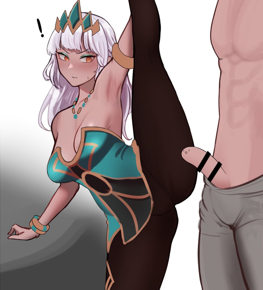 1boy absurdres armlet armpits bar_censor bare_shoulders blunt_bangs bracelet breasts brown_pants brown_pantyhose cel_da_lin censored cleavage collarbone crown dark-skinned_female dark_skin dress female green_dress grey_hair highres jewelry large_breasts league_of_legends leg_up long_hair looking_at_viewer mole mole_under_eye pants pantyhose penis penis_face qiyana_yunalai short_dress simple_background split standing standing_on_one_leg standing_split strapless strapless_dress topless white_background