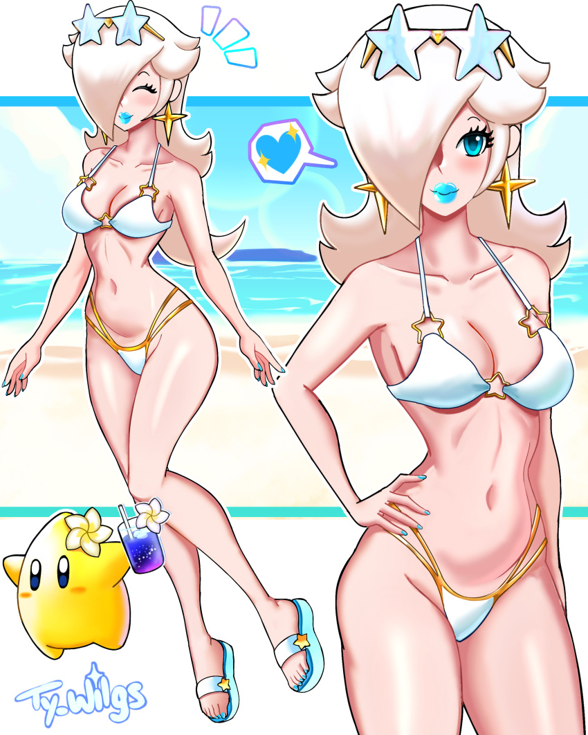 1girls bikini blonde_hair blue_eyes breasts looking_at_viewer luma mario_(series) princess_rosalina solo_female solo_focus sunglasses sunglasses_on_head swimsuit ty_wilgs white_bikini