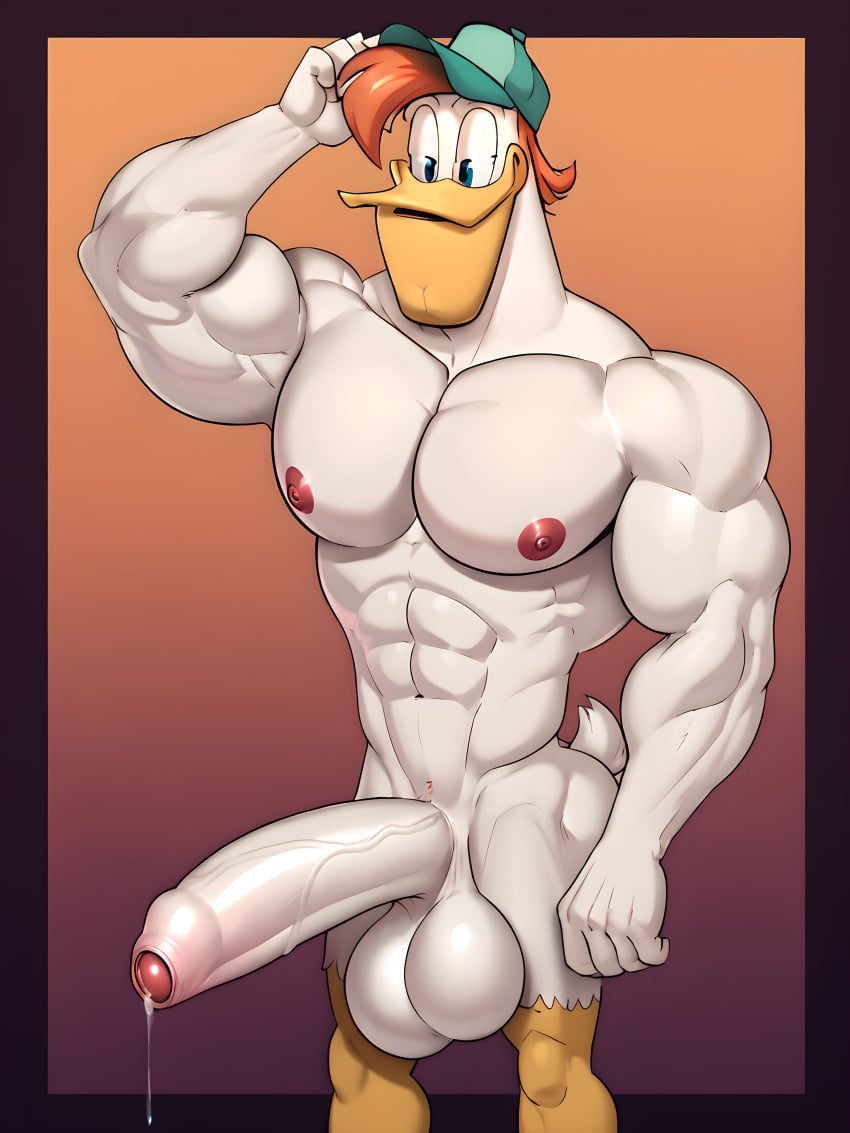 abs ai_generated anthro balls bara big_balls big_cock big_penis cantsleep96 cock disney duck ducktales ducktales_(2017) foreskin hand_behind_head hat hi_res huge_balls huge_cock huge_cock launchpad_mcquack male male_only muscular muscular_male nipples pecs penis precum red_hair seductive seductive_look solo uncut