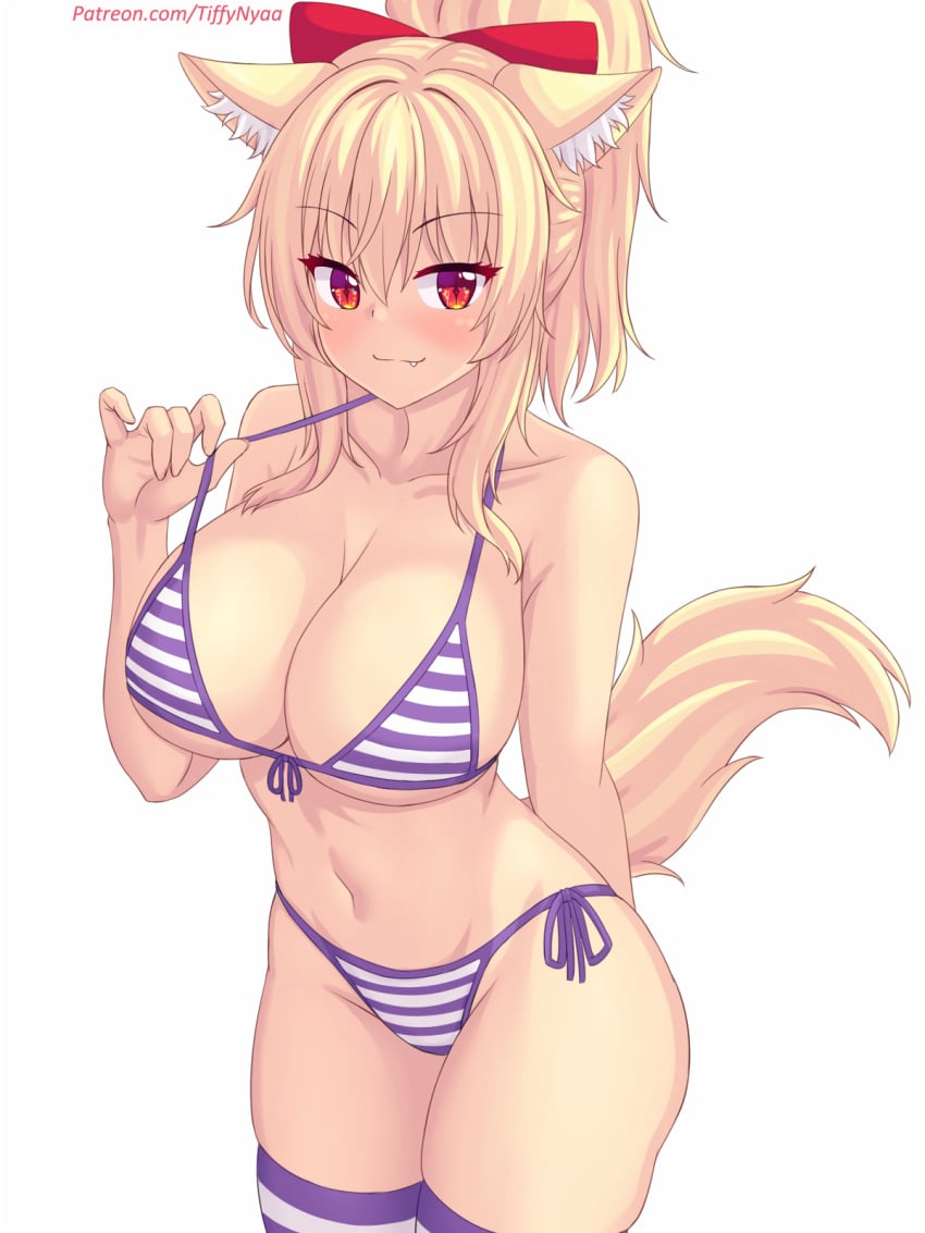 2024 3:4 5_fingers accessory animal_humanoid big_breasts bikini blonde_hair bow_ribbon breasts clothed clothing digital_media_(artwork) eyebrow_through_hair eyebrows eyelashes fastrunner2024 felid felid_humanoid female fingers hair hair_accessory hair_ribbon hairbow hi_res humanoid inner_ear_fluff legwear long_hair looking_at_viewer mammal mammal_humanoid navel pattern_bikini pattern_clothing pattern_legwear pattern_swimwear ponytail pupils red_eyes ribbons side-tie_bikini simple_background slit_pupils snaggle_tooth solo string_bikini striped_bikini striped_clothing striped_legwear striped_swimwear stripes swimwear tail text tiffy_(fastrunner2024) tiffynyaa translucent translucent_hair tuft two-piece_swimsuit url white_background