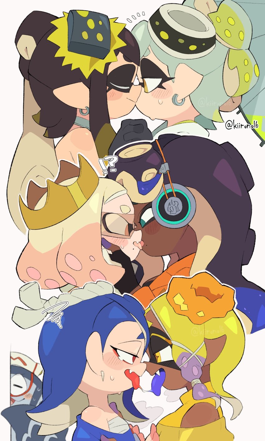 !? 1boy 6+girls 6girls big_man_(splatoon) black_hair blue_eyes blue_hair blush callie_(alterna) callie_(splatoon) cousins crown dark-skinned_female dark_skin deep_cut_(splatoon) digital_drawing_(artwork) digital_media_(artwork) earrings eye_contact female female_focus female_only french_kiss frye_(splatoon) gray_hair greeting grey_hair headphones incest inkling kiirono kissing looking_at_another marie_(alterna) marie_(splatoon) marina_(splatoon) multiple_girls nintendo octoling off_the_hook_(splatoon) parasol pearl_(splatoon) red_eyes saliva saliva_drip shiver_(splatoon) sisters splatoon splatoon_(series) splatoon_2 splatoon_3 splatoon_3:_return_of_the_mammalians squid_sisters surprised surprised_expression sweat tentacle_hair tongue traditional yellow_eyes yellow_hair yuri