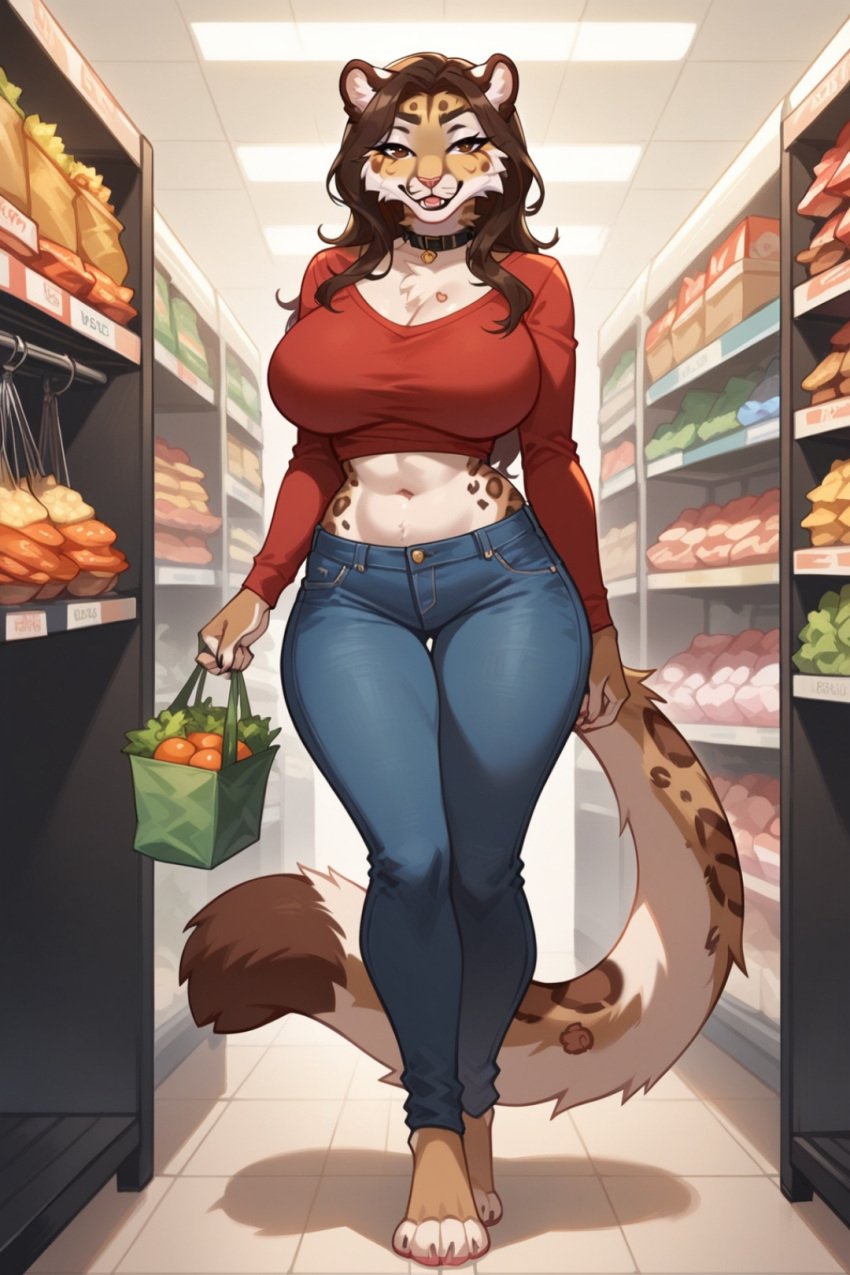 ai_generated among_us big_breasts brown_body brown_eyes brown_fur brown_hair elizabeth_mendoza felid feline female furry furry_female heart_symbol jeans leopard long_hair seductive tail