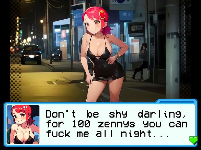 ai_generated cleavage demianskull dialogue dialogue_box mayl_sakurai mega_man mega_man_battle_network minidress night outdoors prostitution slutty_outfit