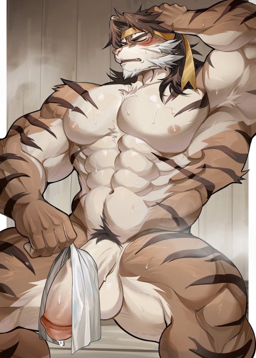 1boy abs animal_ears ao_(chung0u0) arknights armpit_hair armpits bara beard blush brown_hair chest_hair closed_eyes cloth cum cumdrip facial_hair fundoshi furry furry_male hand_up headband heavy_breathing highres huai_tianpei_(arknights) japanese_clothes large_pectorals male_focus muscular muscular_male nipples nude pectorals penis pubic_hair sauna sitting solo stomach sweat sweatdrop tiger_boy