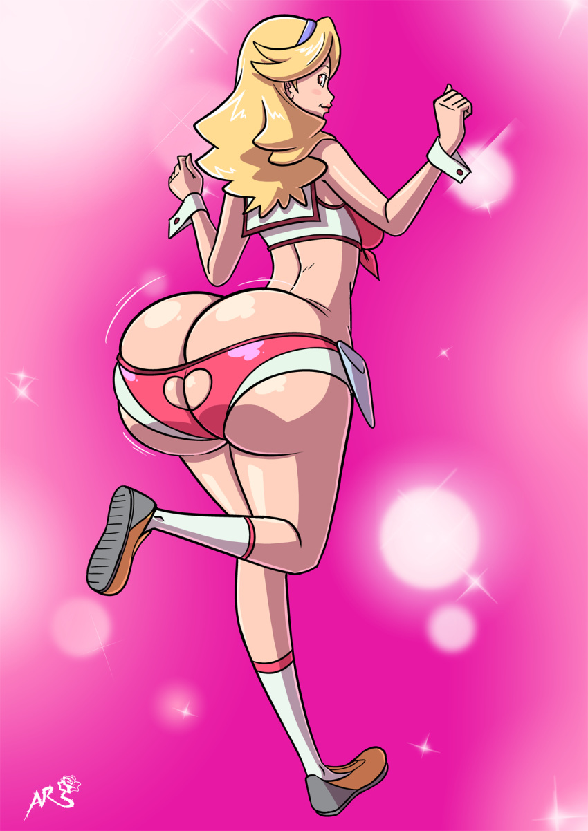 1girls ass ass_cleavage axel-rosered big_ass bimbo blonde blonde_hair bubble_butt bursting_butt butt_crack dat_ass honey honey_(space_dandy) huge_ass jiggle shorts solo space_dandy thick_ass thick_thighs tight_clothing wide_hips wrist_cuffs