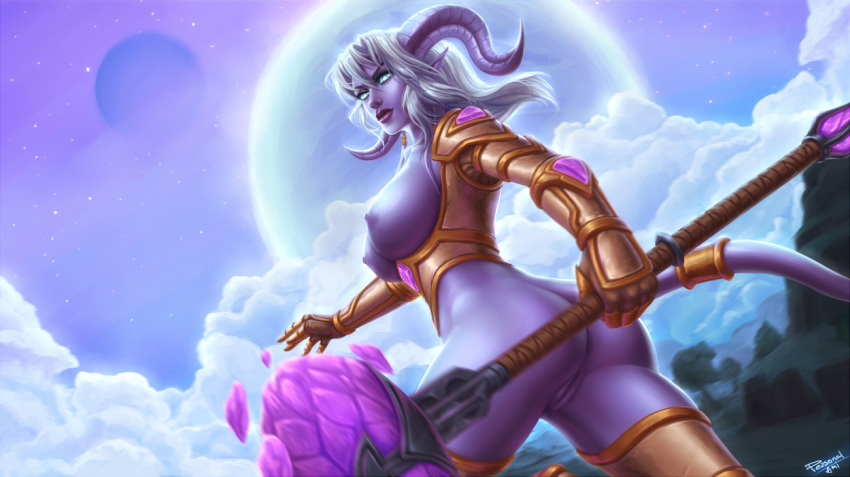 1girls 2015 armor ass blue_eyes breasts draenei female female_only gloves glowing_eyes hammer hammer_of_the_naaru horns large_breasts long_hair melee_weapon nipples outdoor personalami purple_skin pussy solo standing tail tail_ornament thigh_boots war_hammer weapon white_hair world_of_warcraft yrel