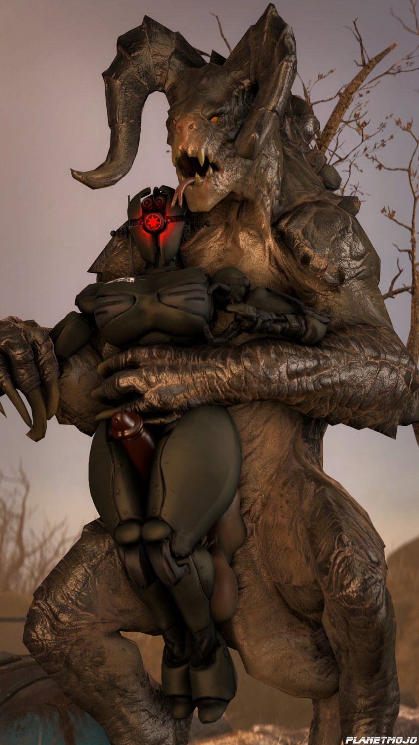 1boy 1girls 2017 3d assaultron bethesda_softworks breasts claws deathclaw duo fallout fallout_4 female femsub highres horn kl-e-0 machine male male_deathclaw_(fallout) maledom penis planetmojo robot scalie sci-fi science_fiction scifi sex source_filmmaker straight thigh_sex