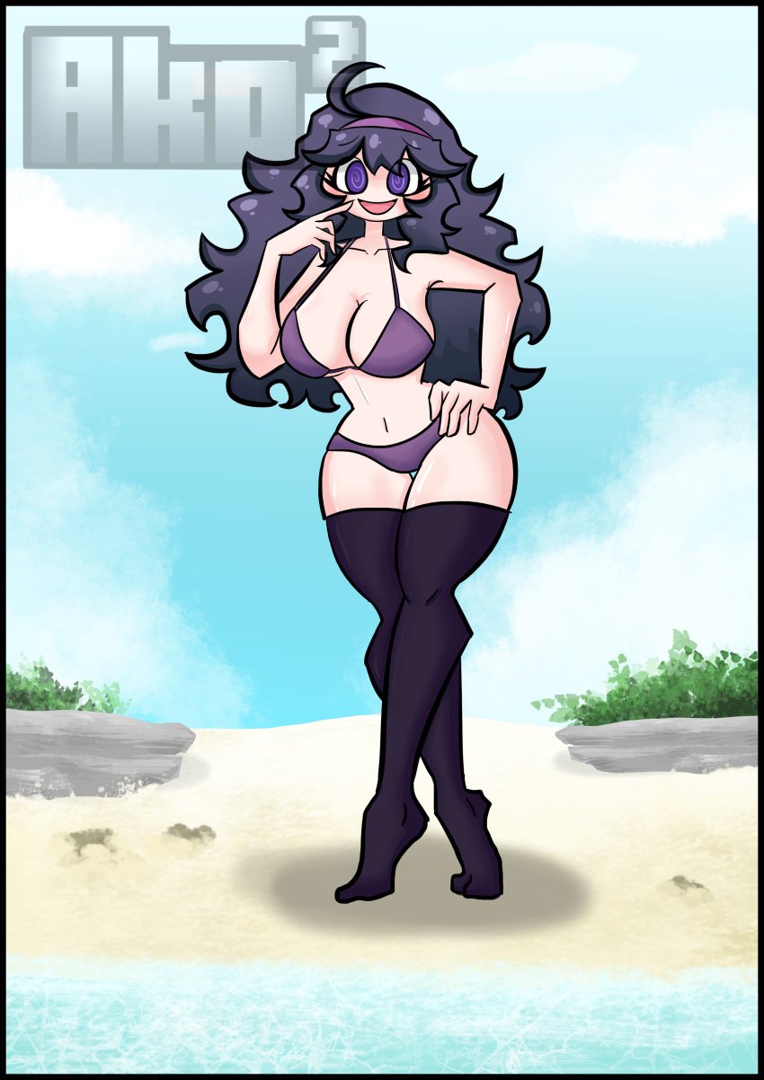 1girl 1girls @_@ beach belly big_breasts black_thighhighs cloudy_sky hex_maniac hex_maniac_(pokemon) hourglass_figure looking_at_viewer pokemon purple_bikini purple_eyes purple_hair purple_panties purple_topwear smile smiling_at_viewer tagme thick_thighs touching_face white_skin