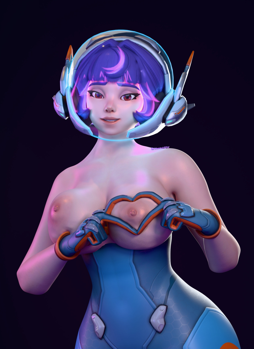 1girls 3d 4k big_breasts blizzard_entertainment breast_hold breasts_out exposed_breasts female female_only heart heart-shaped_boob_challenge heart_symbol hourglass_figure juno_(overwatch) large_breasts looking_at_viewer overwatch overwatch_2 purple_hair spacesuit