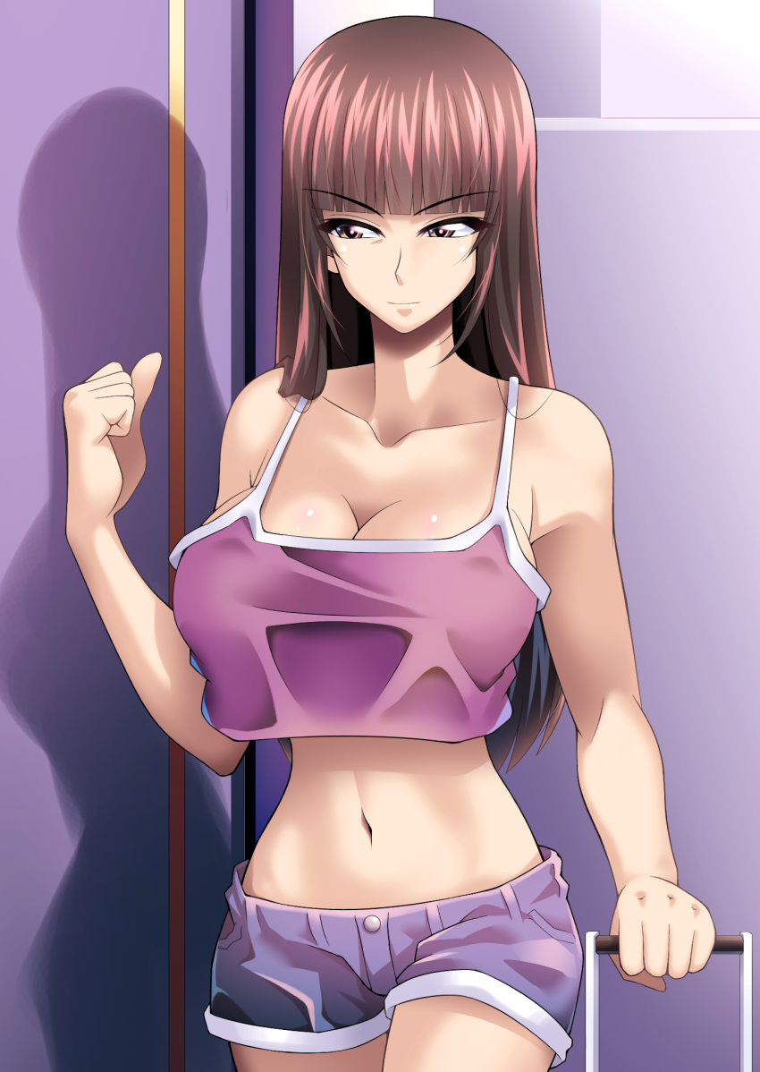 1girls big_breasts breasts brown_hair collarbone denim denim_shorts exposed_shoulders female girls_und_panzer large_breasts light-skinned_female light_skin long_hair looking_at_viewer mature_female memotonoshiwatsubasa milf mother nishizumi_shiho solo