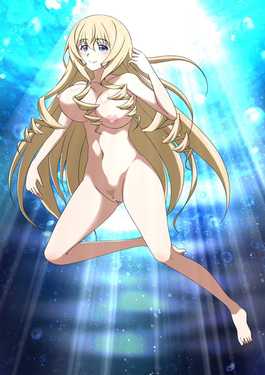 1girls arm_up barefoot big_breasts blonde_hair blue_eyes breasts busty cecilia_alcott censored drill_hair feet female female_only freediving hairband highres infinite_stratos kuroda_ariake large_breasts legs long_hair looking_at_viewer navel nipples nude ocean pink_lips pointless_censoring pubic_hair pussy sea sensual skinny_dipping solo swimming thighs underwater voluptuous water