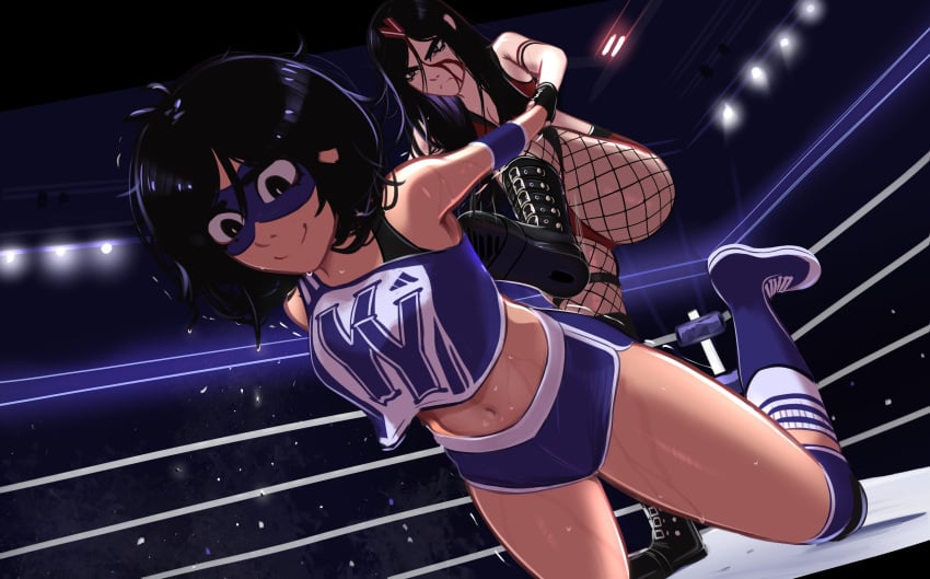 angry angry_face blood blood_on_face boots catfight dark_hair dark_skin female_only fishnets kadence_(veyonis) pale_skin smiley_face veyonis wrestling wrestling_mask wrestling_outfit wrestling_ring wrestlingryona yuna_(veyonis)