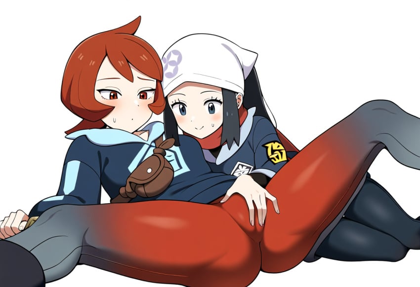 ai_generated akari_(pokemon) arezu_(pokemon) assisted_masturbation cameltoe fingering_through_clothes masturbating masturbation pokemon yuri