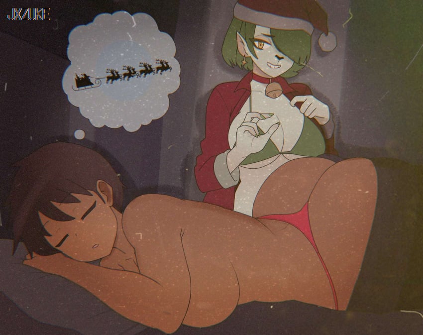 2girls anthro_on_human big_ass big_breasts bikini character_request christmas dark-skinned_female green_bikini green_hair jxzuke lucy_(jxzuke) meme multiple_girls red_panties short_hair sleeping topless underwear yuri