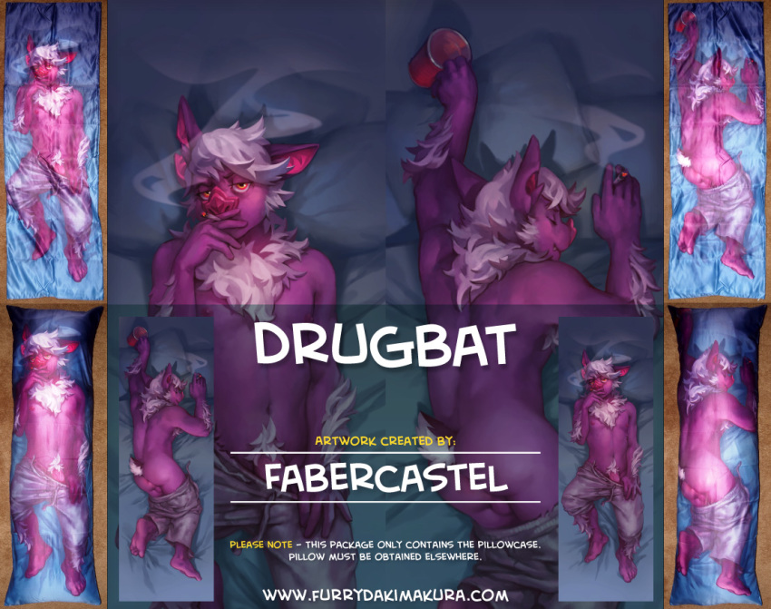 1boy 2015 advertisement alcohol anthro ass bat beverage dakimakura distracting_watermark drugs english_text fabercastel fur furry hair looking_at_viewer lying male male_only mammal nipples on_back penis shorts smoke smoking solo text watermark