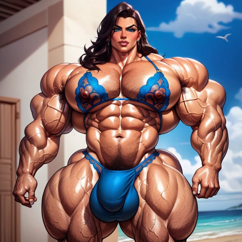 1futa abs ai_generated armpit_hair big_thighs blue_eyes fancy futanari hairy_armpits hairy_arms hairy_chest hairy_legs hairy_thighs lingerie long_hair manly muscular muscular_futanari pecs pubic_hair solo veiny_muscles wide_hips