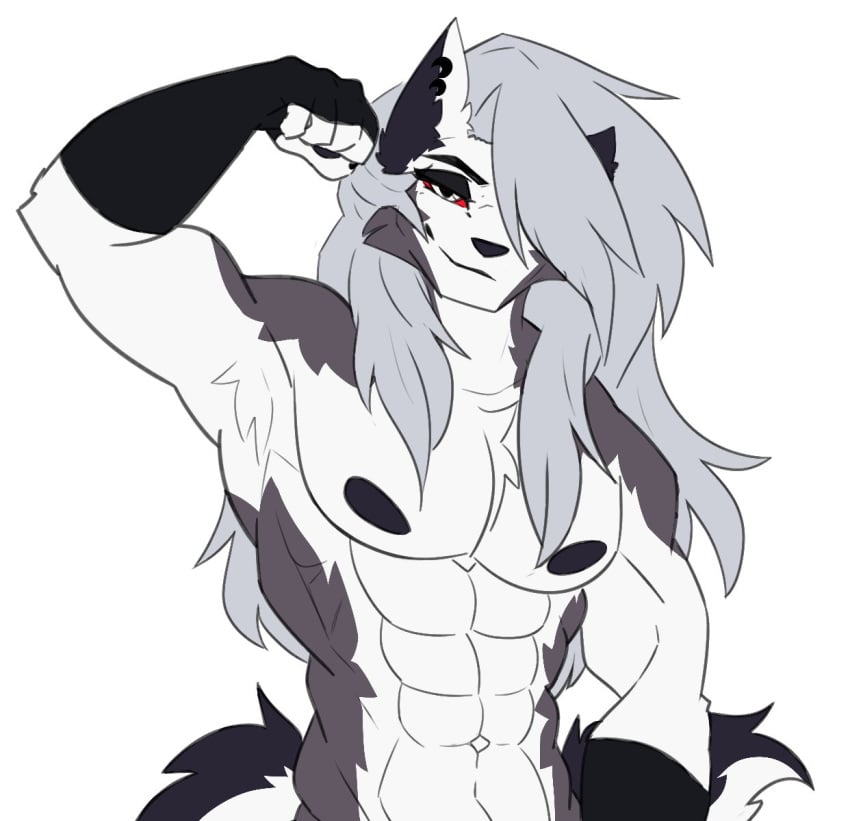1boy abs adorable ambush_(trap) ambush_loona anthro_only armpit_hair armpits big_muscles bulge cassielink cute eyeliner femboy femboy_loona feminine feminine_male furry gay genderswap_(ftm) grey_body grey_fur grey_hair hair_covering_eye hairy_armpits happy helluva_boss james_andromeda long_hair loona loona_(helluva_boss) male male_focus male_loona male_only muscles muscular muscular_male pecs pectorals penis_bulge rule_63 shirtless smile smiling solo solo_male strong thong topless topless_male trap vivziepop white_background white_body white_fur wolf wolf_boy