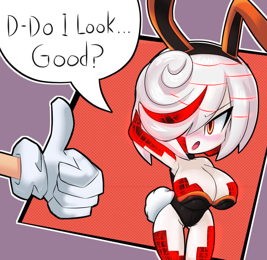 1boy 1girls big_breasts breasts bunny_ears bunnysuit cleavage dialogue english english_text fake_animal_ears hair_over_one_eye huge_breasts large_breasts red_eyes sage_(sonic_frontiers) short_hair solo solo_female solo_focus sonic_(series) sonic_frontiers sonic_the_hedgehog sonic_the_hedgehog_(series) thumbs_up white_hair wide_hips yelladrill