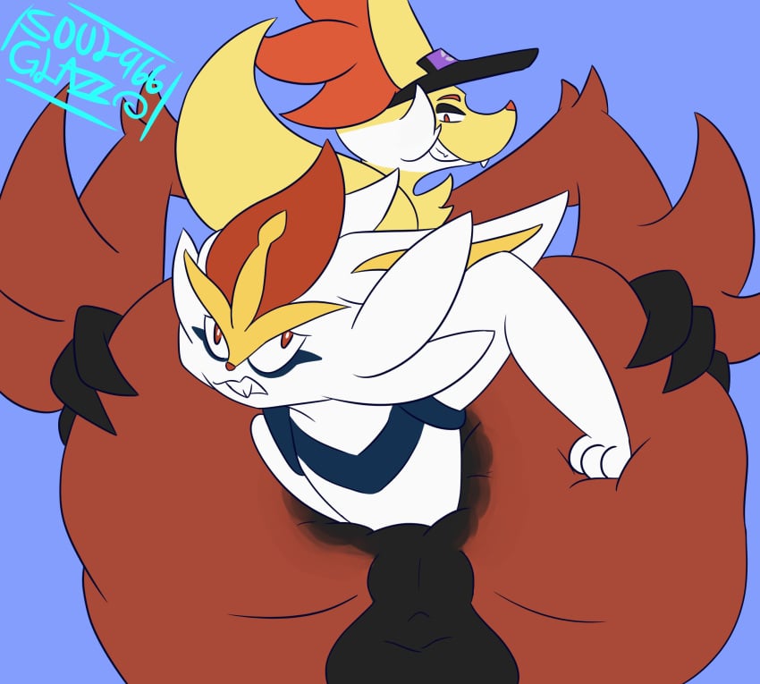 anal anal_sex anal_vore anthro anus ass balls canid canine cinderace clothing delphox digital_media_(artwork) duo fur generation_6_pokemon generation_8_pokemon genitals hi_res inner_ear_fluff male male/male male_penetrated male_pred mammal nintendo partially_inside penetration penis pokemon pokemon_(species) sex sg966 simple_background size_difference smile tail tuft vore white_body white_fur yellow_body yellow_fur