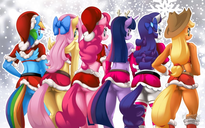 2016 alicorn anthro anthrofied applejack_(mlp) ass blonde_hair christmas clothed clothing earth_pony equine eyelashes eyeshadow feathered_wings feathers female female_only fluttershy_(mlp) freckles friendship_is_magic furgonomics group hair hair_on_head hair_ribbon hairbow hasbro hat holidays horn horse legwear long_hair looking_back makeup mammal mane_six_(mlp) midriff miniskirt multicolored_hair multicolored_tail my_little_pony mysticalpha pegasus pink_hair pink_tail pinkie_pie_(mlp) pony purple_feathers purple_hair purple_tail pussy rainbow_dash_(mlp) rainbow_hair rainbow_tail rarity_(mlp) rear_view ribbons santa_hat skirt smile snow snowflake straight_hair striped_legwear stripes thighs twilight_sparkle_(mlp) unicorn upskirt wings yellow_feathers