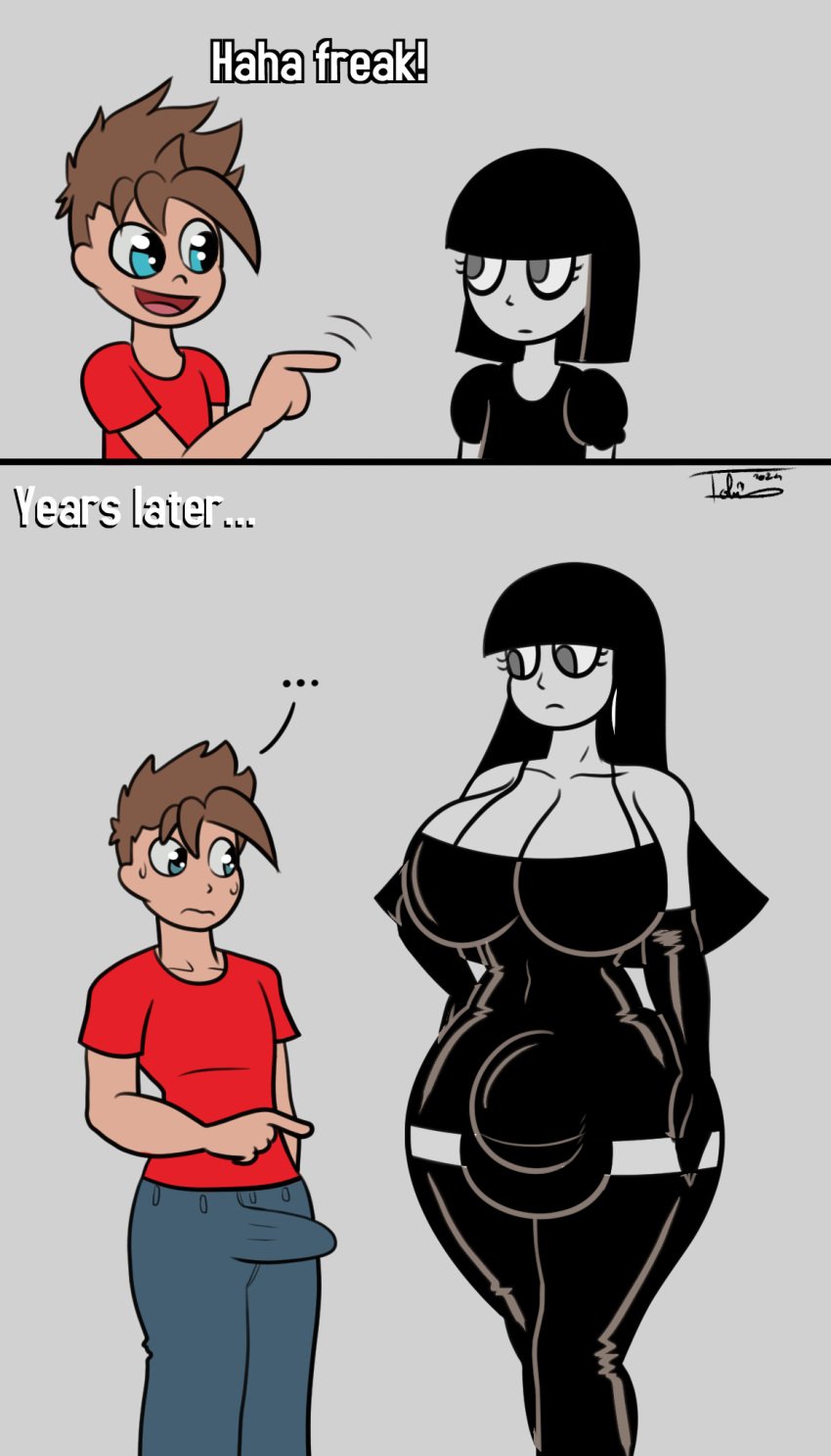 1boy 1futa 2024 2koma age_progression balls bangs before_and_after big_breasts big_thighs black_hair breasts bulge bulge_through_clothing cleavage clothed clothing comic dress duo duo_focus erection erection_under_clothes fully_clothed futa_is_bigger futa_with_male futanari goth goth_girl gothic haha_uma_esquisita huge_balls huge_breasts huge_cock huge_thighs human humor larger_futanari leather leather_clothing light-skinned_futanari light-skinned_male light_skin long_hair male penis size_difference smaller_male standing text thick_thighs thighhighs thighs time_skip tohilewd wide_hips