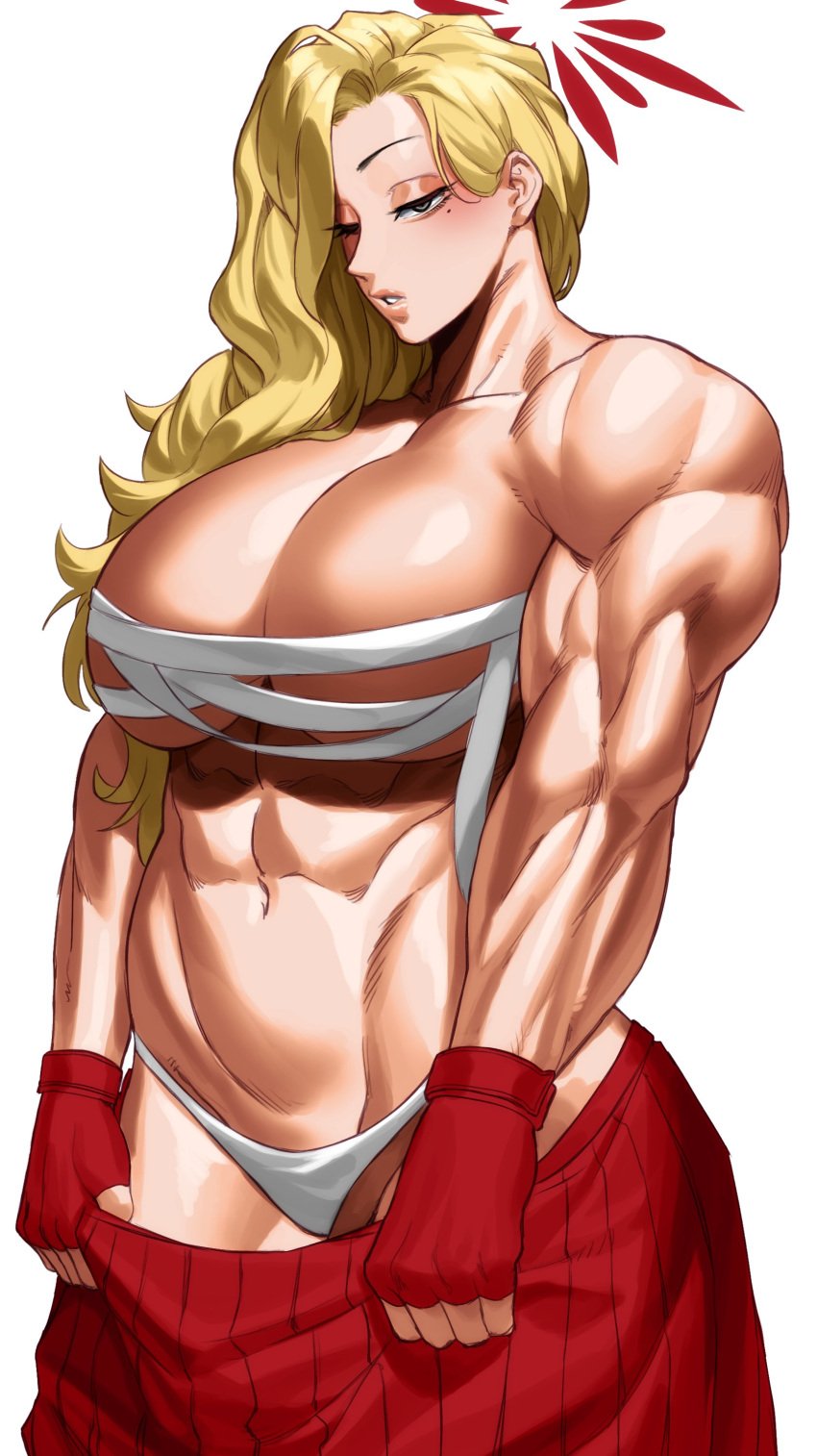 1girls akemi_(blue_archive) bandaged_chest bandages big_breasts blonde_hair blue_archive female female_only fingerless_gloves long_hair looking_at_viewer mole mole_under_eye muscles muscular muscular_arms muscular_female narrowed_eyes panties solo sotcho undressing very_high_resolution white_background wink winking_at_viewer
