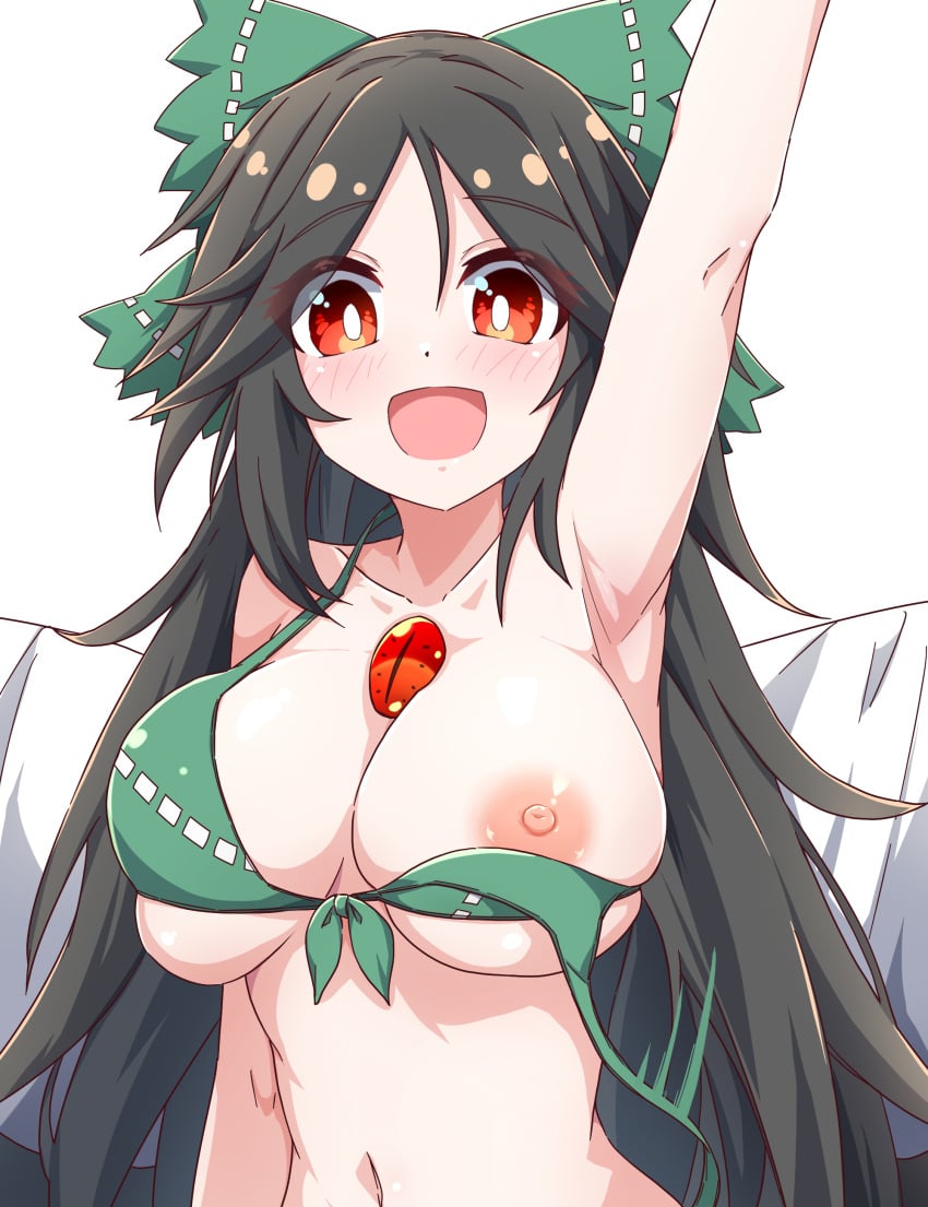 absurdres arm_above_head arm_up armpits bikini black_hair blush bow breasts bright_pupils commentary female green_bikini green_bow hairbow highres hiro_(pqtks113) large_breasts long_hair looking_at_viewer navel nipples one_breast_out open_mouth red_eyes reiuji_utsuho simple_background smile solo swimsuit third_eye touhou upper_body utsuho_reiuji very_long_hair wardrobe_malfunction white_background