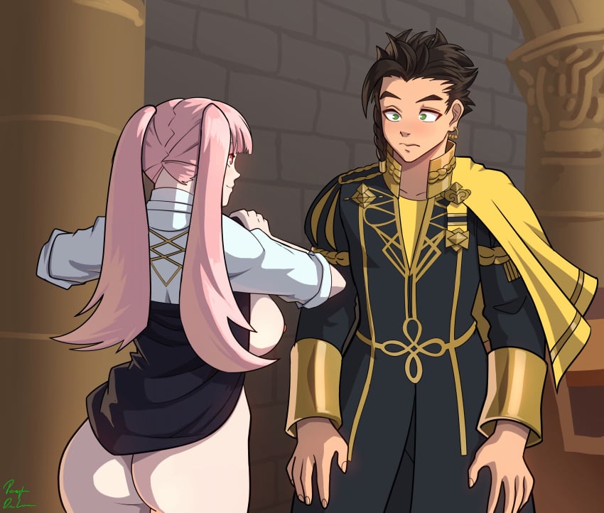 1boy 1girls 2024 artist_name artist_signature ass bare_ass big_breasts blush braid braided_hair breasts brown_hair brunette_hair cape claude_von_riegan dark_skin dekura dress dress_lift earring edit exhibitionism fire_emblem fire_emblem:_three_houses flashing garreg_mach_monastery_uniform gift green_eyes hallway hilda_valentine_goneril large_ass large_breasts lifted_by_self long_hair nintendo nipples no_bra no_panties ornament pink_eyes pink_hair presenting presenting_breasts short_hair skirt_lift twintails upscaled upskirt