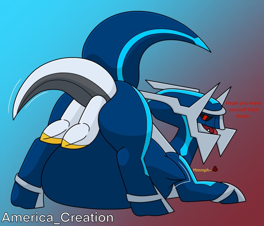 anal anal_vore arceus arceus_tummy ass belly big_belly blue_body dialga duo endosoma feral generation_4_pokemon hi_res legendary_pokemon male male/male multicolored_body nintendo open_mouth partially_inside pokemon pokemon_(species) red_eyes safe_vore simple_background size_difference tail text vore white_body