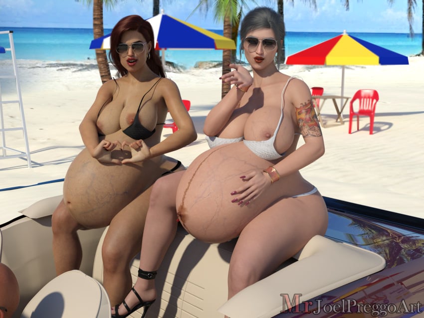 2girls 3d aviator_sunglasses beach belly big_belly big_breasts bikini breasts female glasses huge_breasts linea_nigra mrjoelpreggoart nipples outie_navel pregnant sunglasses tinted_eyewear veiny_belly wardrobe_malfunction