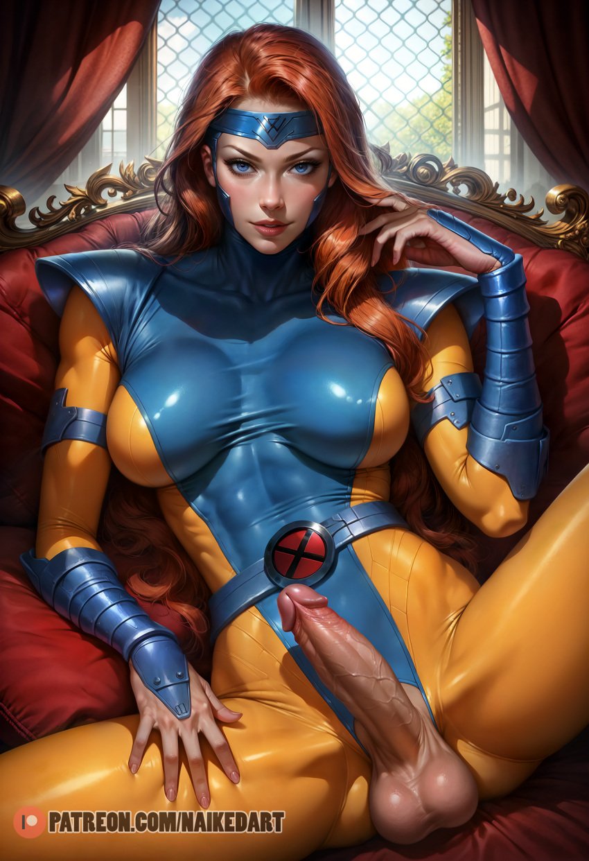 1futa ai_generated bodysuit erect_penis erection futa_only futa_sans_pussy futanari huge_cock intersex jean_grey marvel marvel_comics naikedart solo stable_diffusion x-men