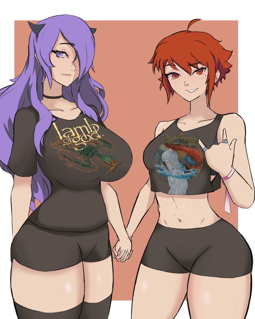 2girls alternate_costume bare_midriff bare_thighs breasts camilla_(fire_emblem) female female_only fire_emblem fire_emblem_fates gesture grin hair_over_one_eye hinoka_(fire_emblem) holding_hands horns in2naps large_breasts long_hair looking_at_viewer medium_breasts midriff multiple_girls nintendo open_mouth purple_eyes purple_hair red_eyes red_hair ring short_hair shorts thick_thighs thighhighs thighs yuri