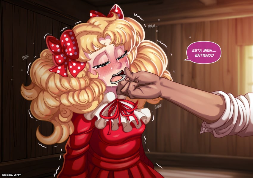 accelart blackmail blonde_hair candice_white candy_candy chin_hold clothed crying female holding_chin red_dress red_hair spanish_dialogue spanish_text tagme tears trembling