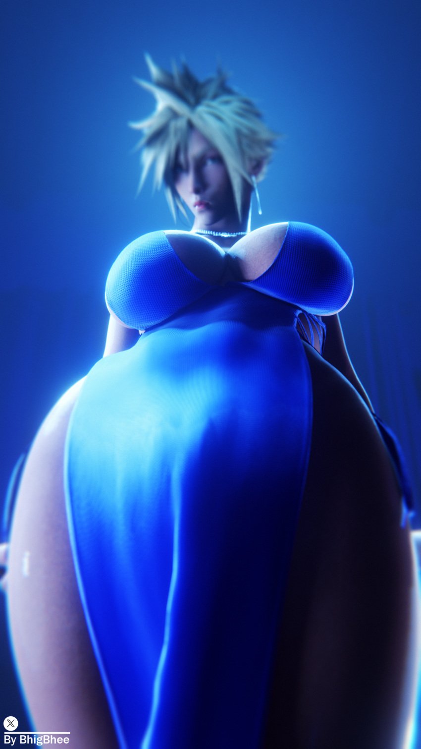 1girls 3d 3d_(artwork) alternate_costume alternate_version_available bhigbhee blonde_hair blue_dress blue_eyes breasts bulge cleavage clothed clothing cloud_strife dress earrings female female_only final_fantasy final_fantasy_vii from_below genderswap_(mtf) hi_res highres hips hoop_earrings large_breasts looking_at_viewer looking_down looking_down_at_viewer necklace rule_63 spiky_hair thick_thighs thighs watermark