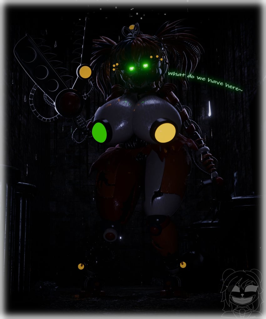 1female 1girls 3d 3d_(artwork) animatronic artist_signature big_ass bottomwear breasts claw_hand commission covered_nipples damaged english english_text female female_only five_nights_at_freddy's freddy_fazbear's_pizzeria_simulator glowing_eyes green_eyes high_resolution highres huge_ass huge_breasts multicolored_hair pov public public_exposure public_nudity revealing_clothes robot robot_girl scottgames scrap_baby scrap_baby_(cosmic_trance) scrap_baby_(fnaf) scrapkill solo solo_female teasing text topless underass