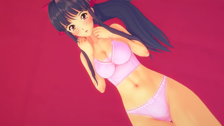 1girls 3d big_breasts blue_hair brown_eyes busty camisole cleavage female hair_ribbon large_breasts long_hair looking_at_viewer lying midriff navel panties ponytail sakura_shinguji sakura_wars sega sensual toned voluptuous